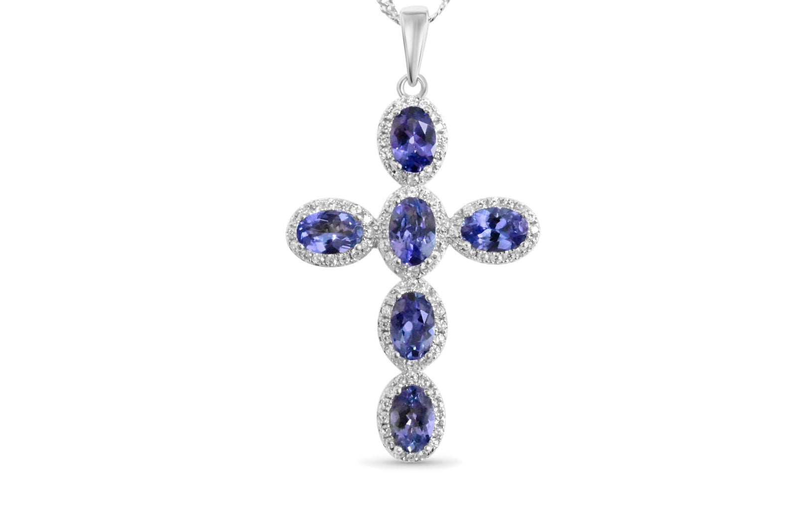 Oval Tanzanite and Round White CZ Rhodium Plated 925 Sterling Silver 18.06 Cts / 6.15 Gm Pendant PJC20493P - Bluestargemstones - - 