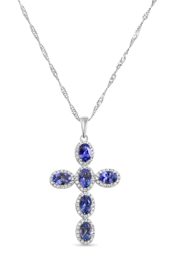 Oval Tanzanite and Round White CZ Rhodium Plated 925 Sterling Silver 18.06 Cts / 6.15 Gm Pendant PJC20493P - Bluestargemstones - - 