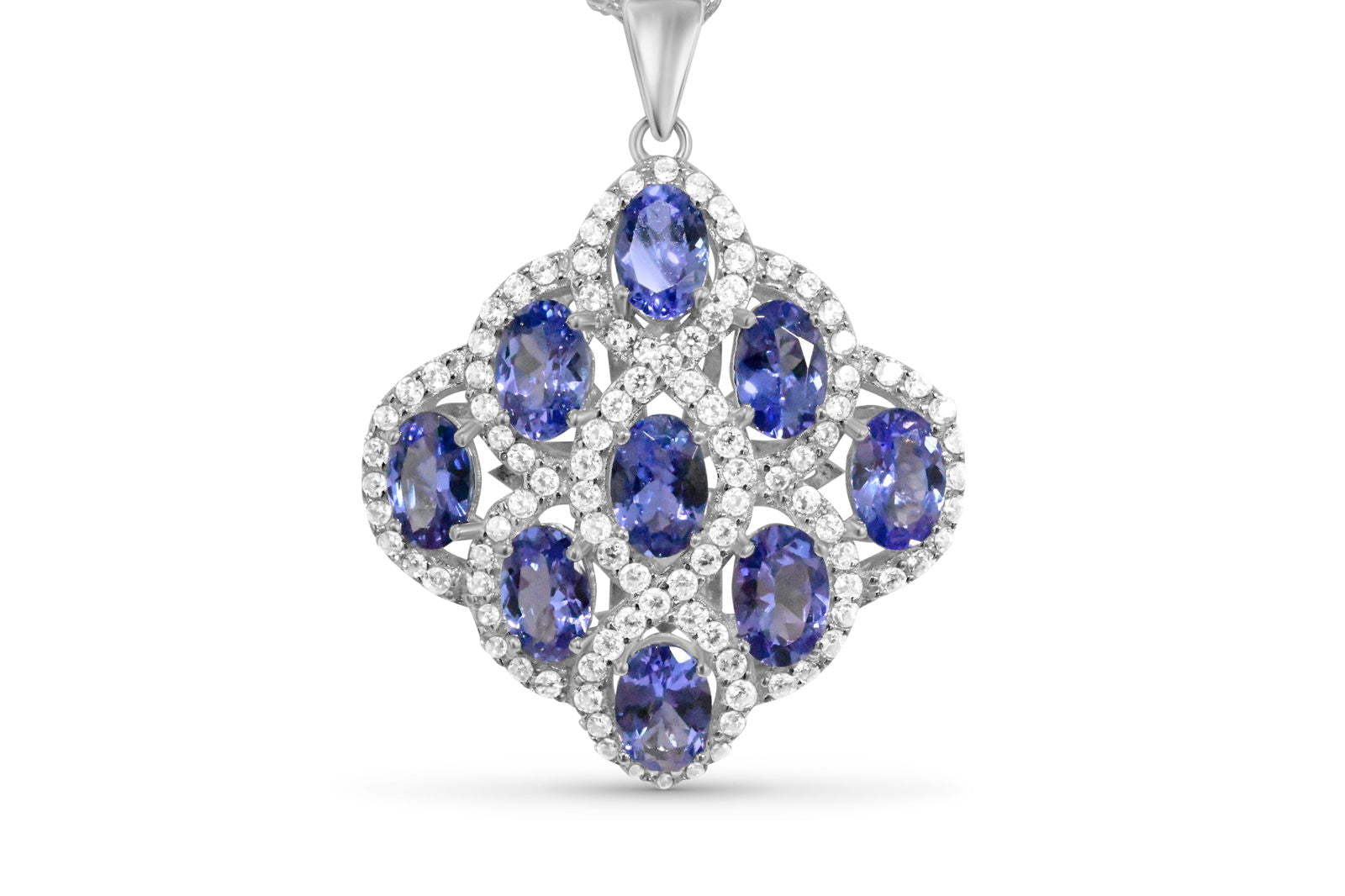 Oval Tanzanite and Round White CZ Rhodium Plated 925 Sterling Silver 38.06 Cts / 4.85 Gm Pendant PJC3117P - Bluestargemstones - - 