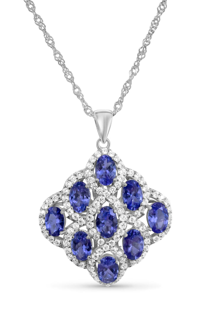 Oval Tanzanite and Round White CZ Rhodium Plated 925 Sterling Silver 38.06 Cts / 4.85 Gm Pendant PJC3117P - Bluestargemstones - - 
