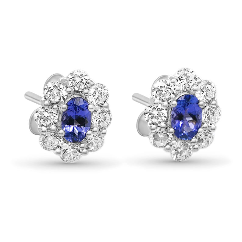 Oval Tanzanite and Round White CZ Rhodium Plated 925 Sterling Silver 52.15 Cts / 2.45 Gm Earring PJC18565E - Bluestargemstones - - 