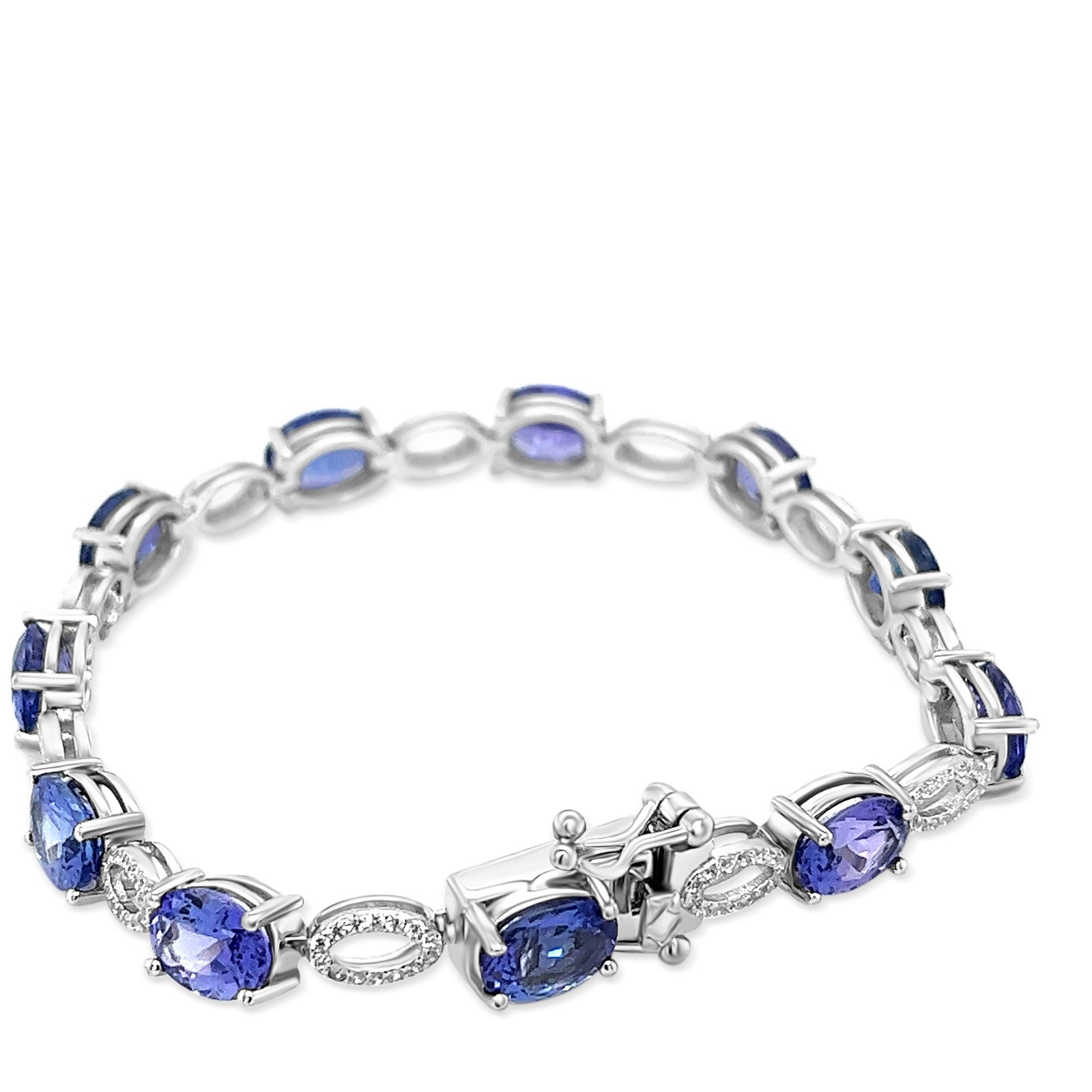 Oval Tanzanite and White CZ Round Rhodium Plated 925 Sterling Silver 15.470 Cts / 9.95 Gm Bracelet - PJC31624B - Bluestargemstones - - 