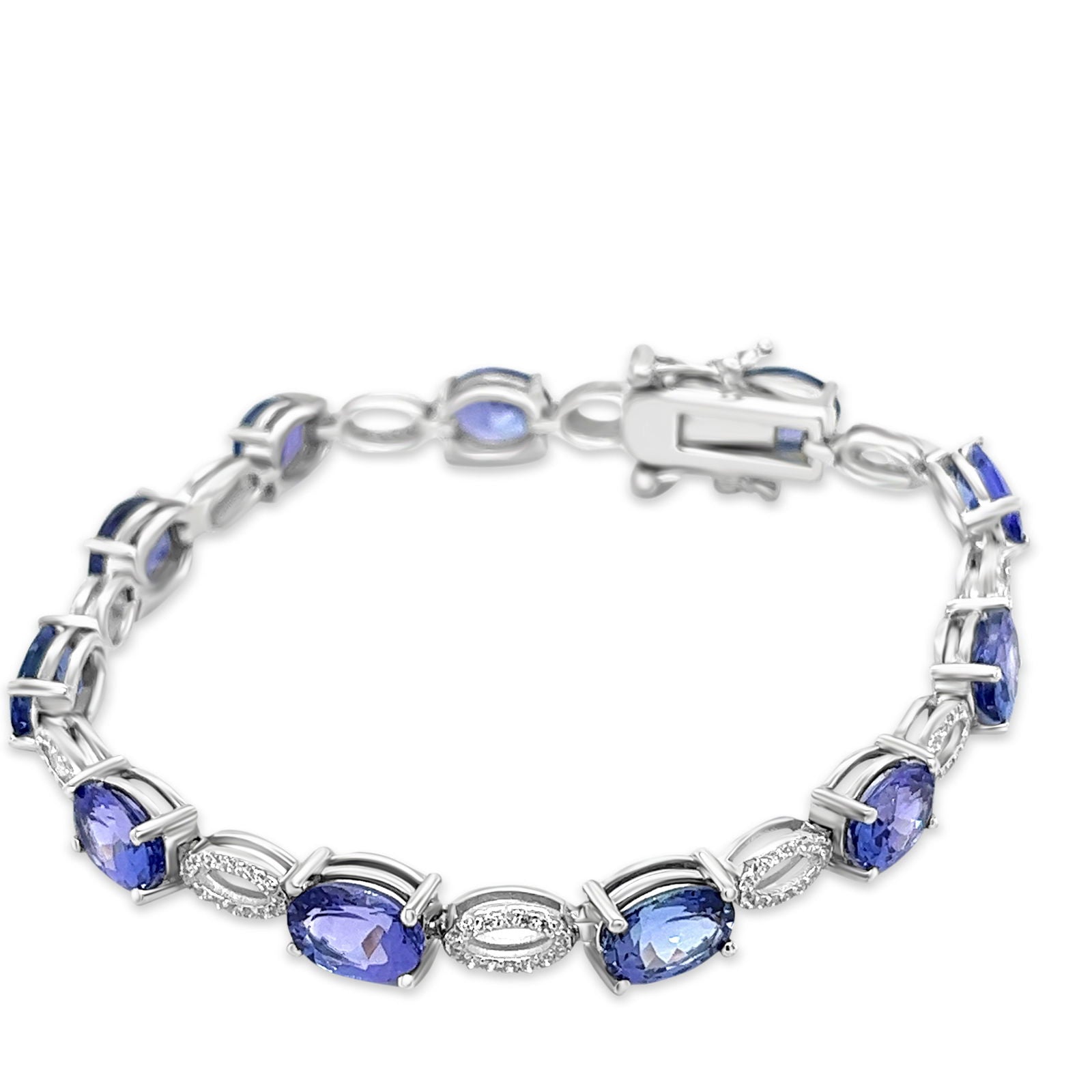 Oval Tanzanite and White CZ Round Rhodium Plated 925 Sterling Silver 15.470 Cts / 9.95 Gm Bracelet - PJC31624B - Bluestargemstones - - 