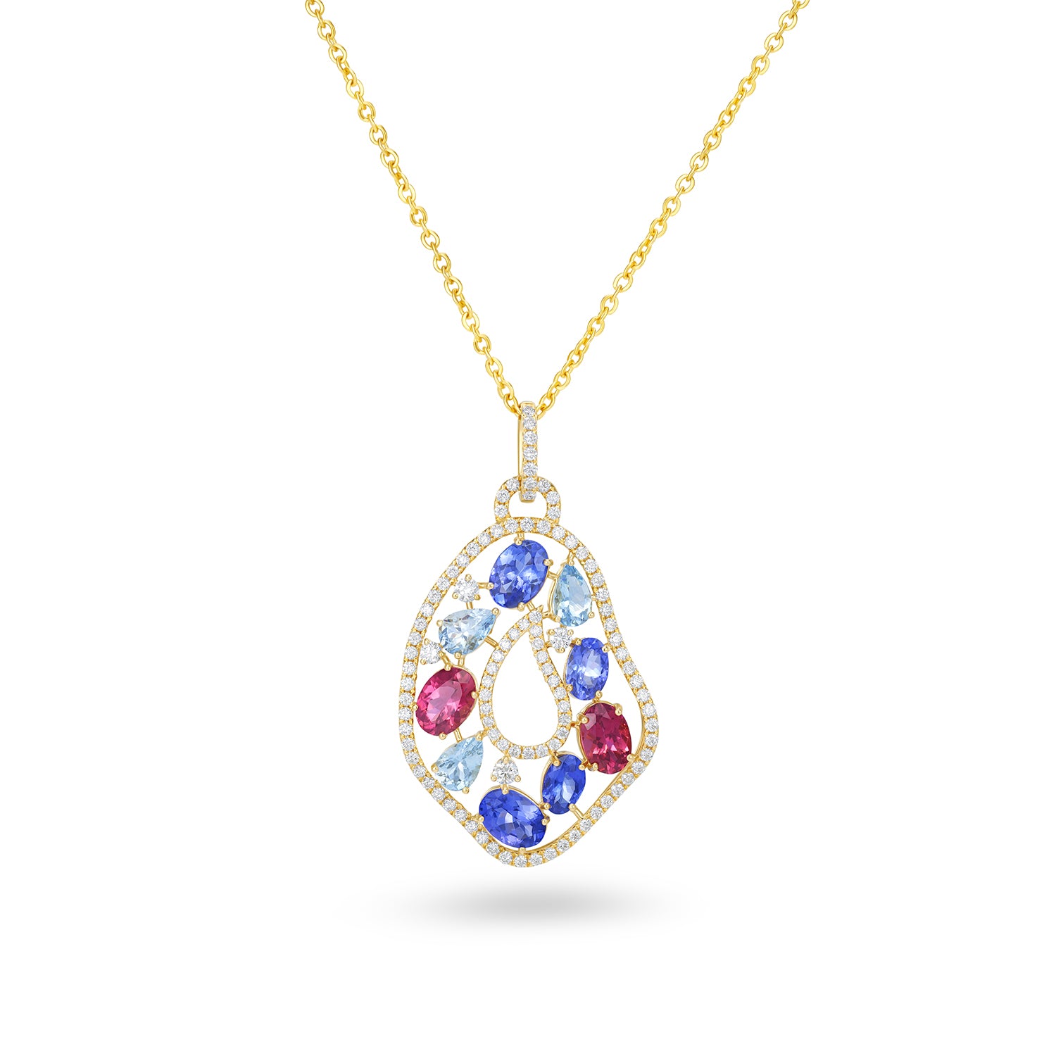 14K Yellow Gold Multi-Stone Diamond Halo Teardrop Drop Pendant