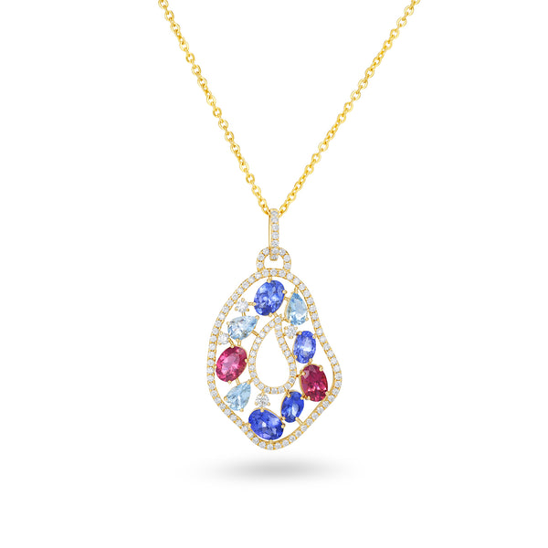 14K Yellow Gold Multi-Stone Diamond Halo Teardrop Drop Pendant