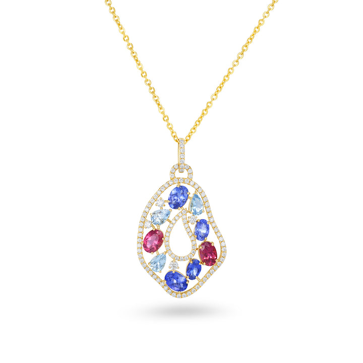 14K Yellow Gold Multi-Stone Diamond Halo Teardrop Drop Pendant - 14K Yellow Gold Multi-Stone Diamond Halo Teardrop Drop Pendant