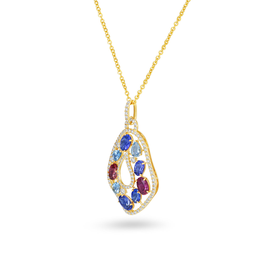 14K Yellow Gold Multi-Stone Diamond Halo Teardrop Drop Pendant