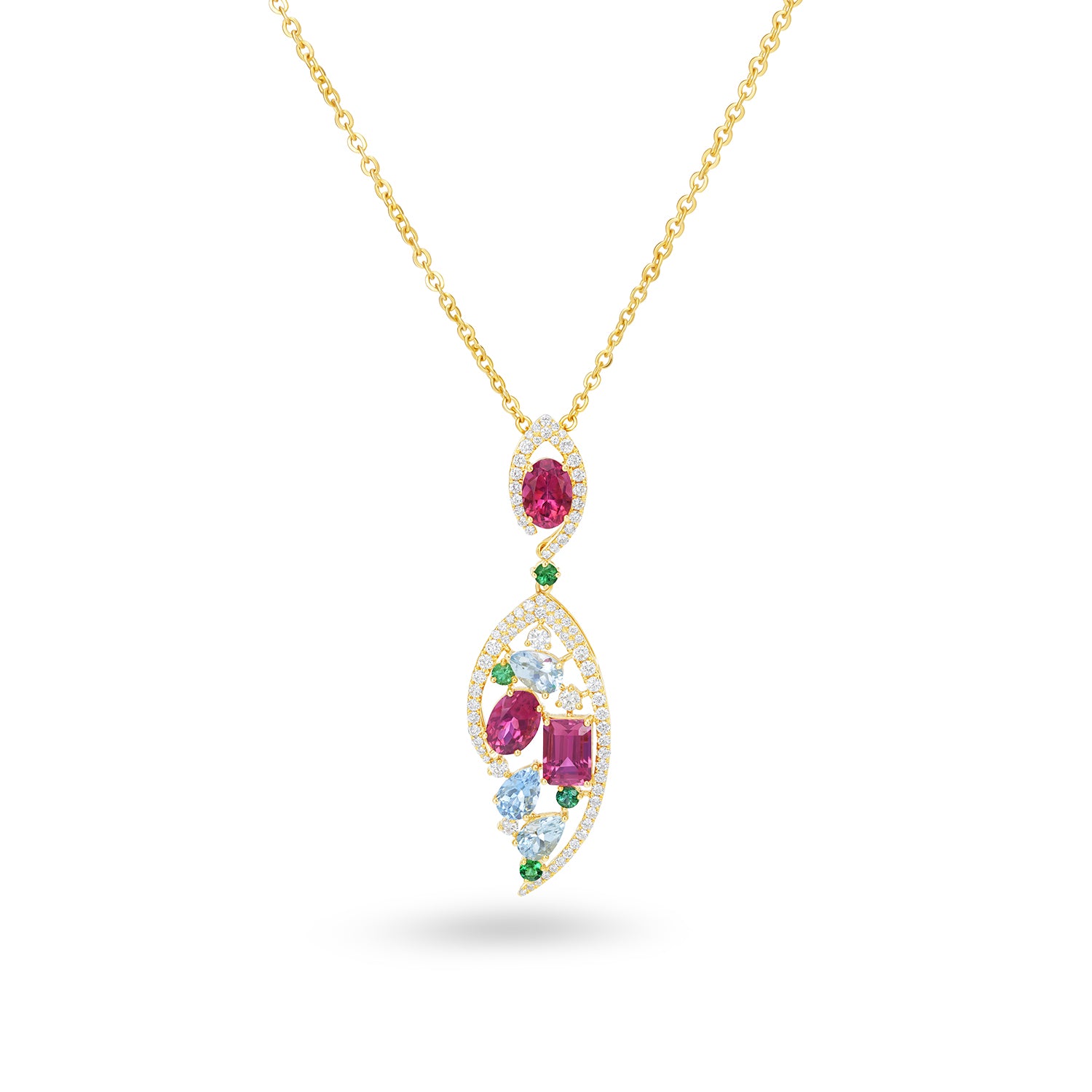 Multi Gemstone Drop Pendant in 14K Yellow Gold with Diamond Accents