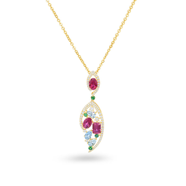 Multi Gemstone Drop Pendant in 14K Yellow Gold with Diamond Accents