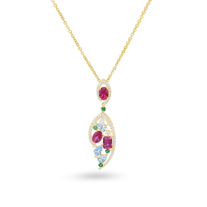 Multi Gemstone Drop Pendant in 14K Yellow Gold with Diamond Accents - Multi Gemstone Drop Pendant in 14K Yellow Gold with Diamond Accents