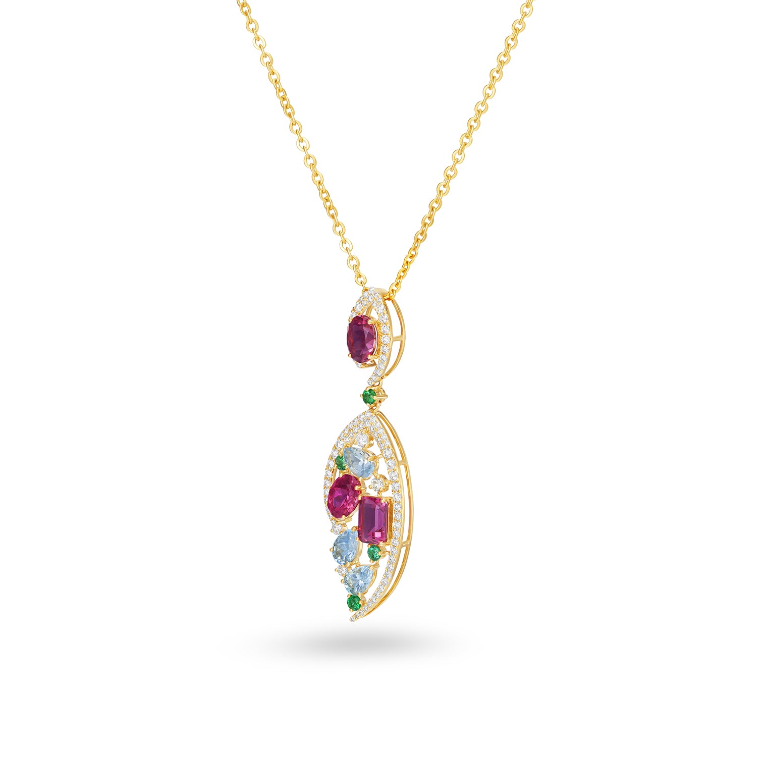 Multi Gemstone Drop Pendant in 14K Yellow Gold with Diamond Accents