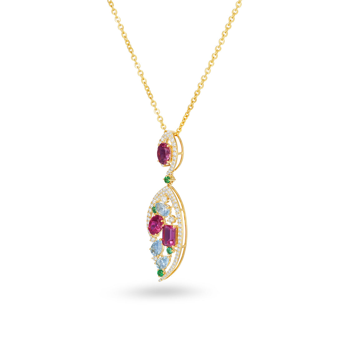 Multi Gemstone Drop Pendant in 14K Yellow Gold with Diamond Accents