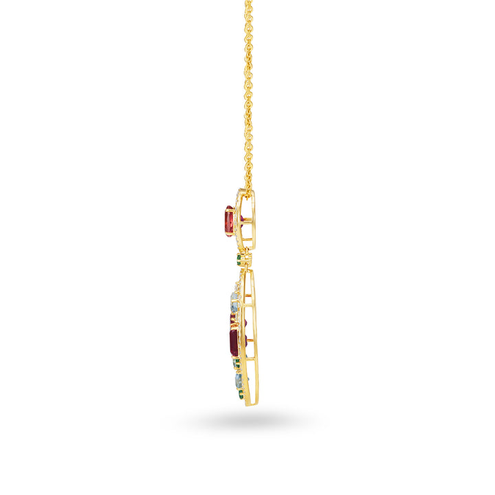 Multi Gemstone Drop Pendant in 14K Yellow Gold with Diamond Accents