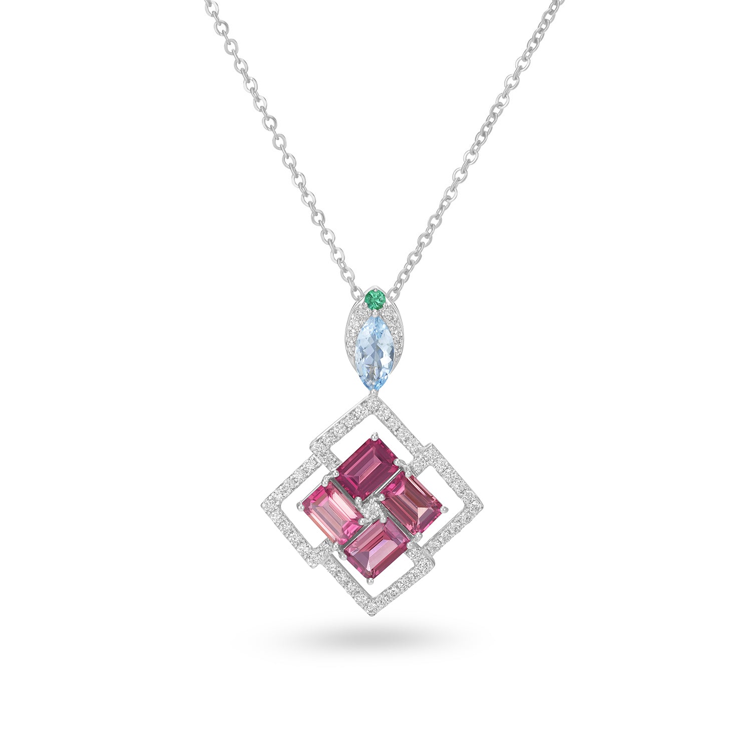 14K White Gold Aquamarine Tourmaline Emerald Geometric Diamond Pendant