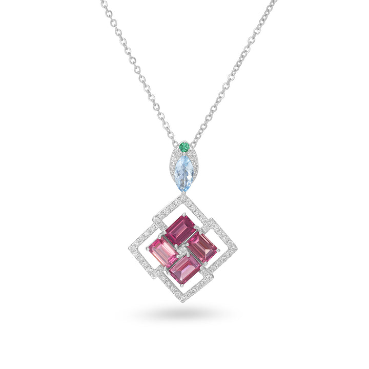 14K White Gold Aquamarine Tourmaline Emerald Geometric Diamond Pendant - 14K White Gold Aquamarine Tourmaline Emerald Geometric Diamond Pendant