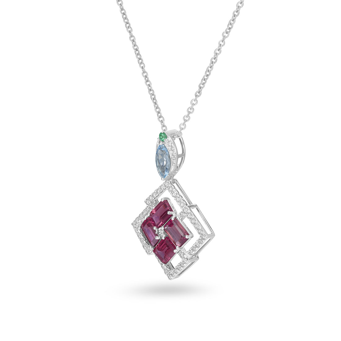 14K White Gold Aquamarine Tourmaline Emerald Geometric Diamond Pendant