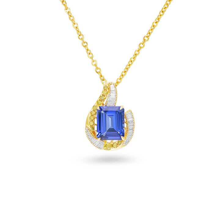 Natural Emerald Cut Tanzanite & Diamond Swirl Pendant in 14K Yellow Gold - Natural Emerald Cut Tanzanite & Diamond Swirl Pendant in 14K Yellow Gold