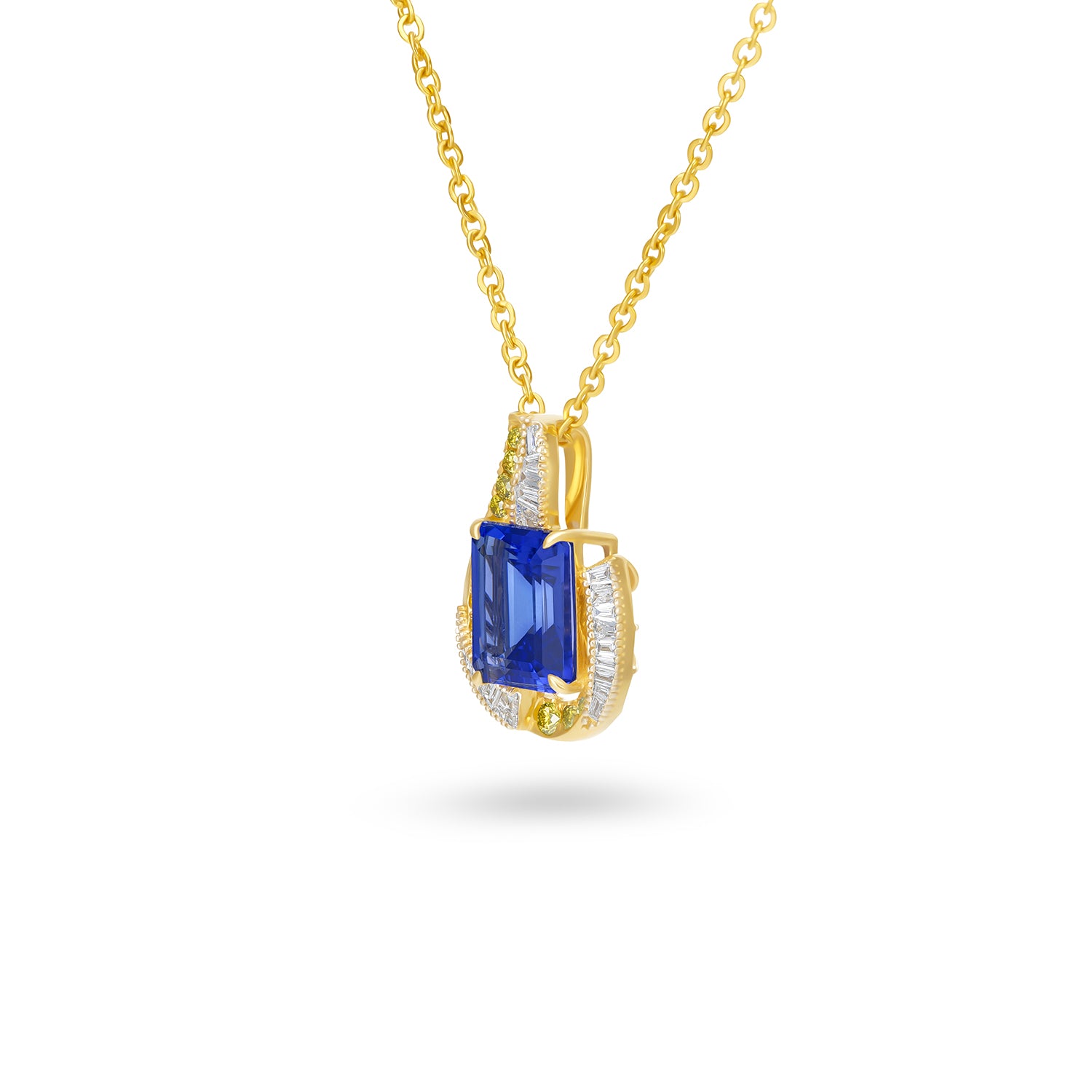 Natural Emerald Cut Tanzanite & Diamond Swirl Pendant in 14K Yellow Gold
