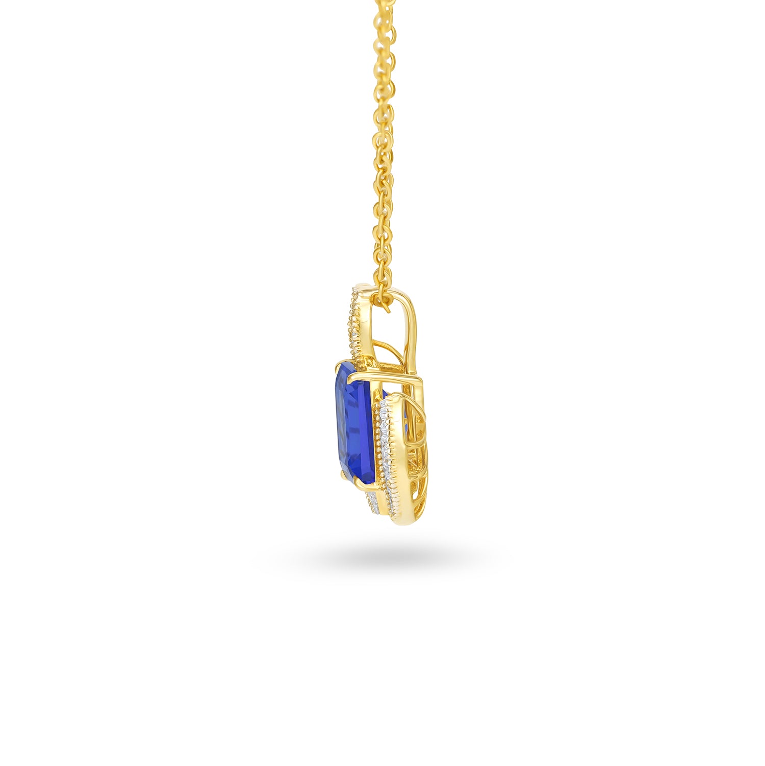 Natural Emerald Cut Tanzanite & Diamond Swirl Pendant in 14K Yellow Gold