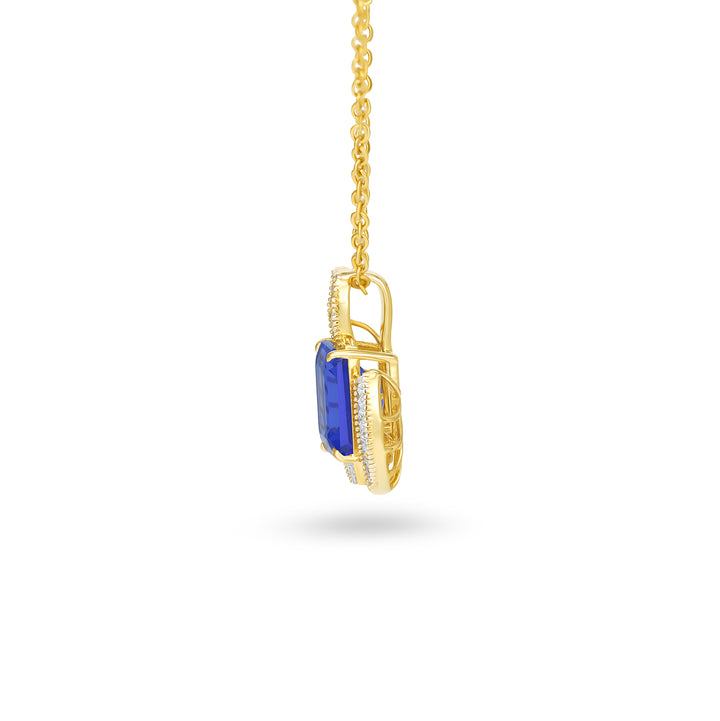 Natural Emerald Cut Tanzanite & Diamond Swirl Pendant in 14K Yellow Gold