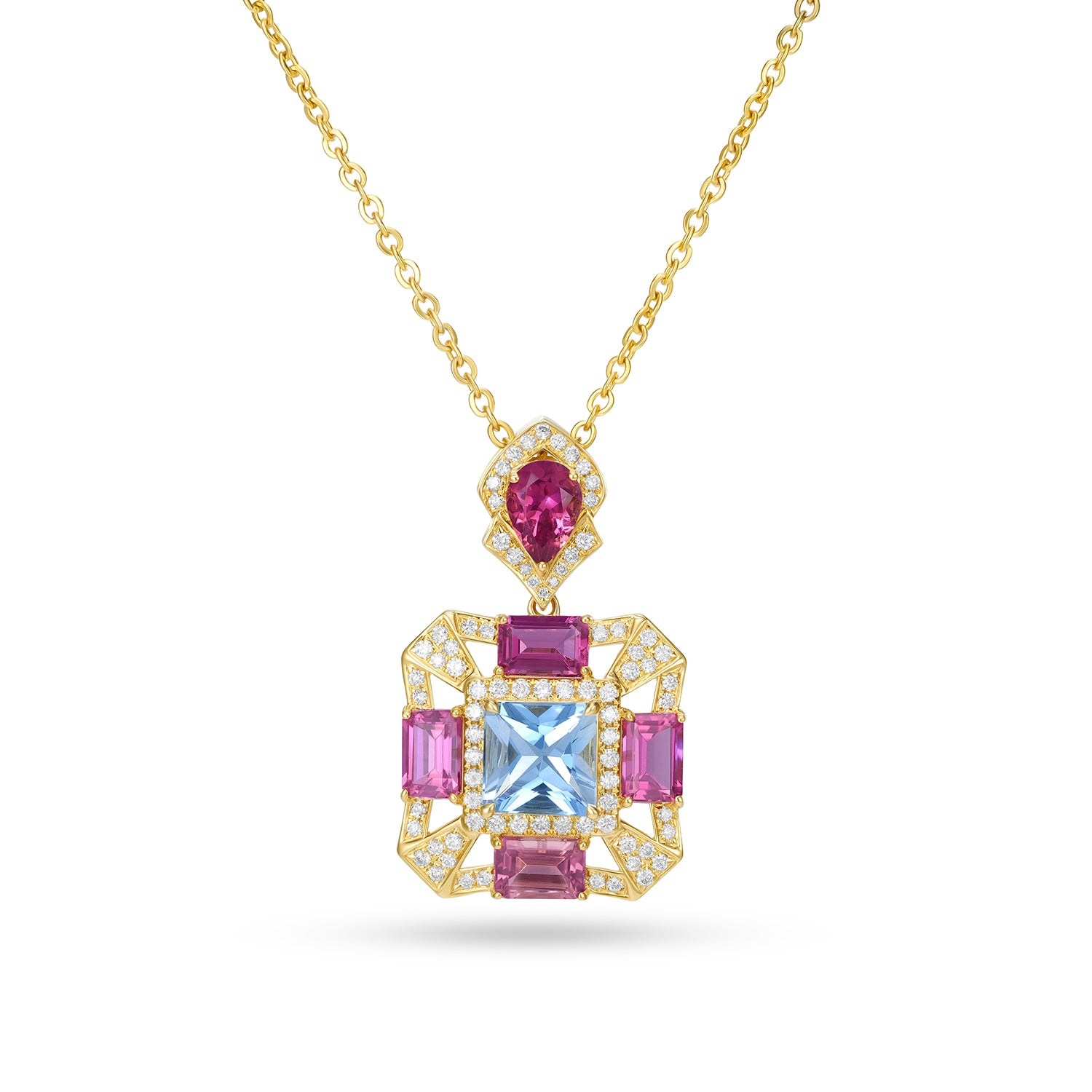 14K Yellow Gold Aquamarine, Tourmaline & Diamond Geometric Pendant Necklace