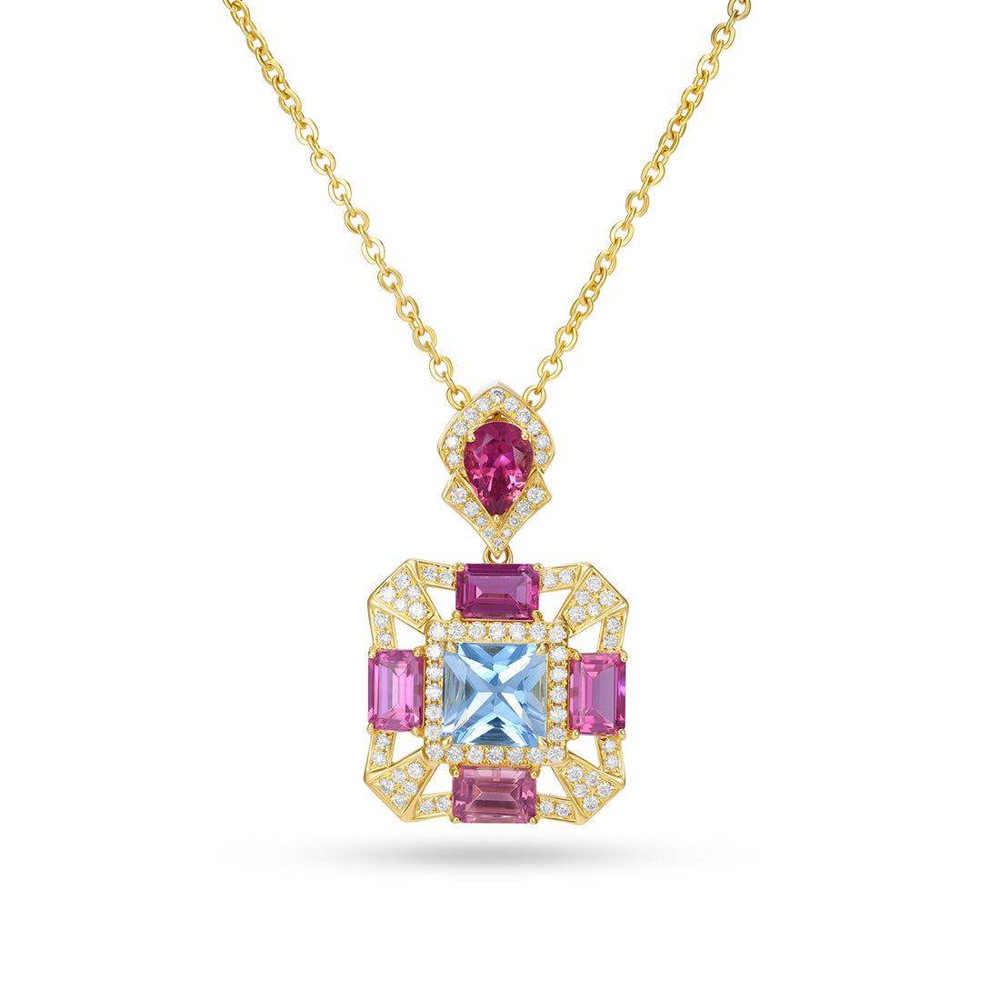 14K Yellow Gold Aquamarine, Tourmaline & Diamond Geometric Pendant Necklace