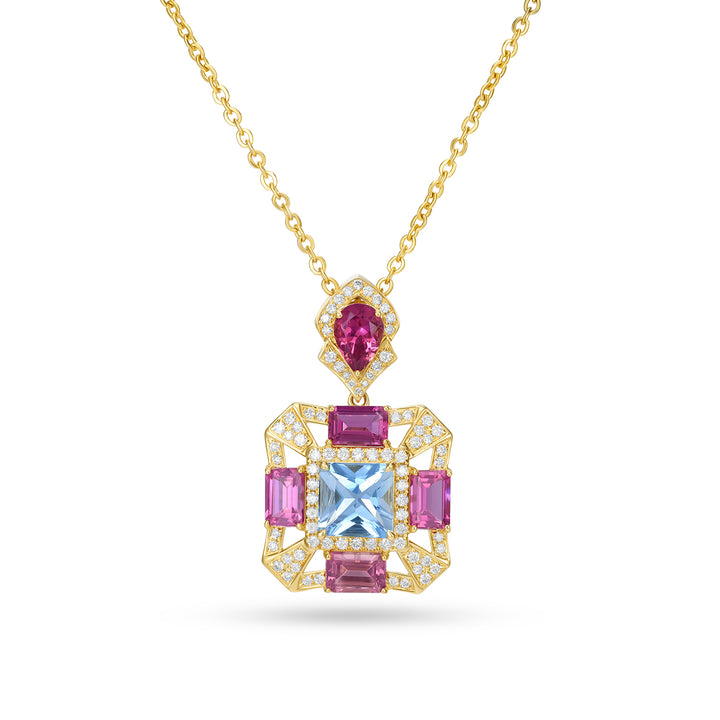 14K Yellow Gold Aquamarine, Tourmaline & Diamond Geometric Pendant Necklace - 14K Yellow Gold Aquamarine, Tourmaline & Diamond Geometric Pendant Necklace
