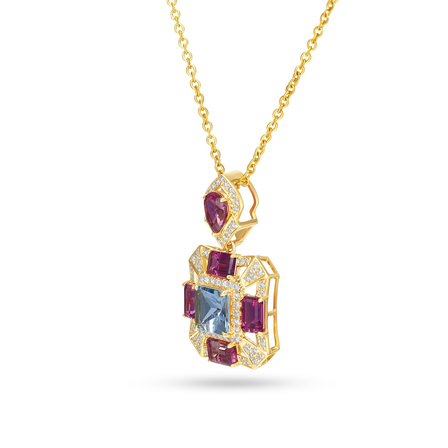 14K Yellow Gold Aquamarine, Tourmaline & Diamond Geometric Pendant Necklace