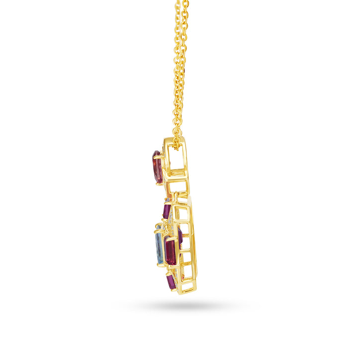 14K Yellow Gold Aquamarine, Tourmaline & Diamond Geometric Pendant Necklace
