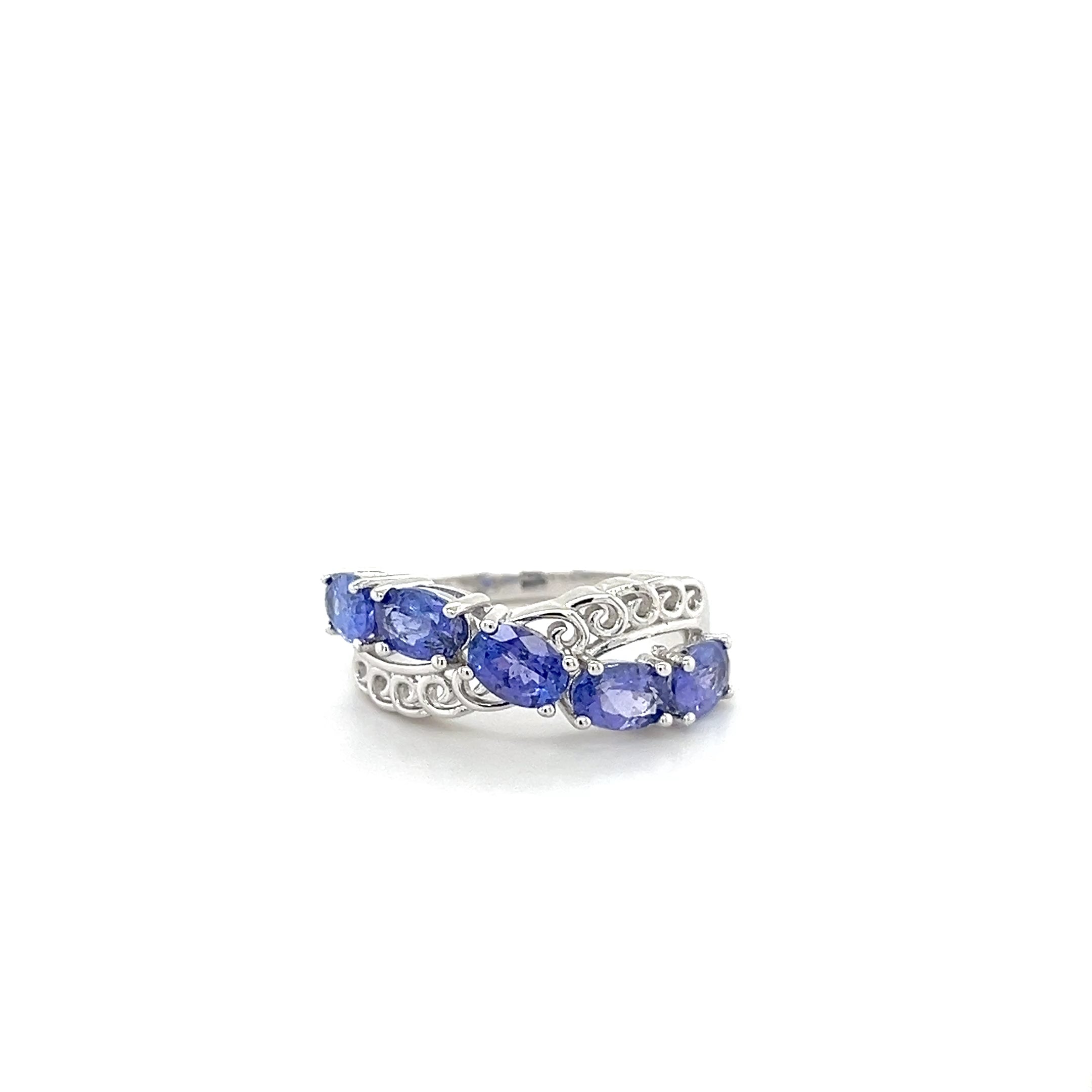 Sterling Silver Rhodium-Plated Ring with Oval-Cut Natural Tanzanite Gemstones – 2.38 Carats 