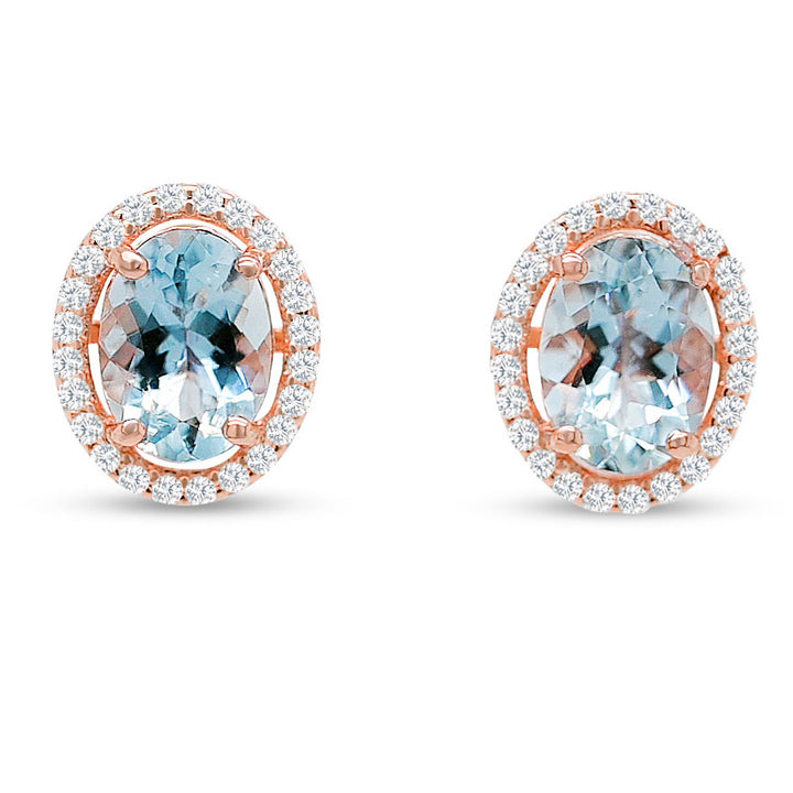 Aquamarine Earrings / Rose Metal plated Sterling Silver 1.45 Gm / 23ct Oval and Round Aquamarine and CZ Earrings PJC2142E