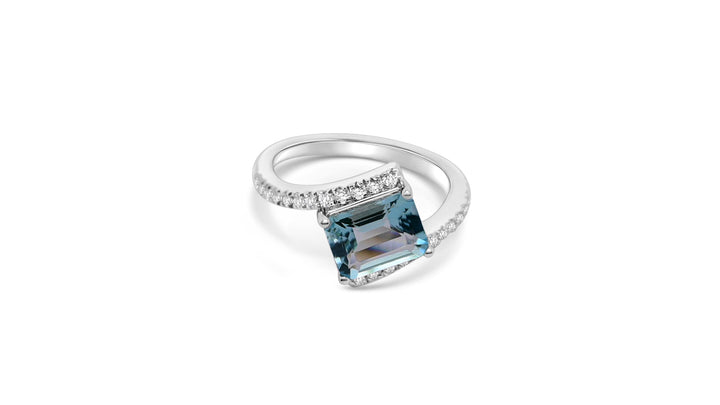Prong Set Aquamarine Emerald Cut Slipt Shank Engagement Ring with CZ in Sterling Silver