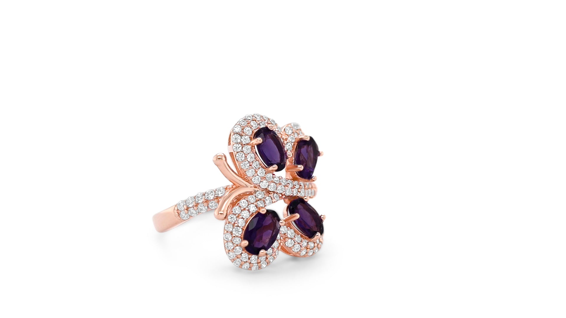 925 Sterling Silver Butterfly Amethyst Ring: 2.44ct, Oval Cut, 18K Rose Gold Plated (PJC3015R)