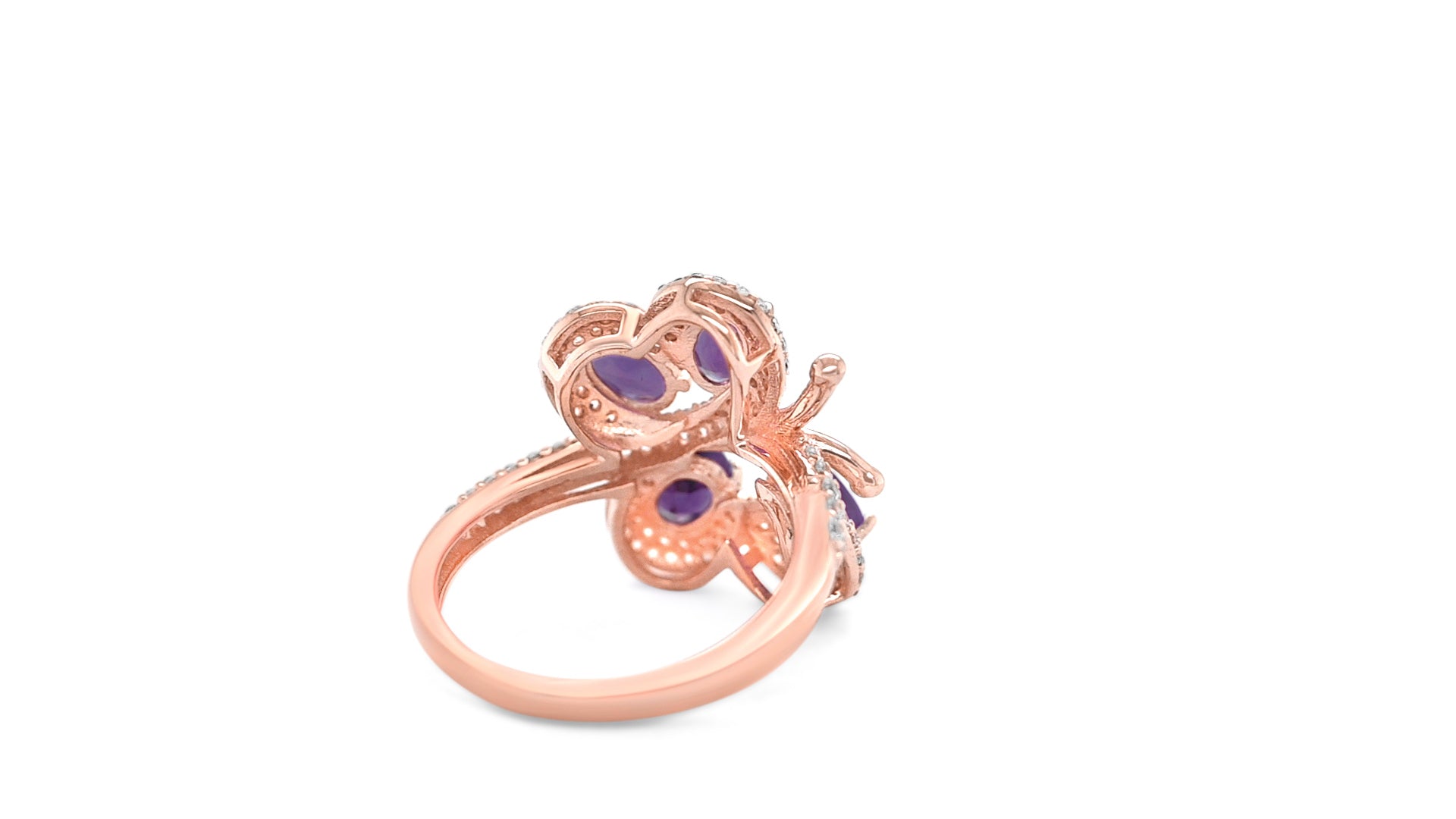 925 Sterling Silver Butterfly Amethyst Ring: 2.44ct, Oval Cut, 18K Rose Gold Plated (PJC3015R)