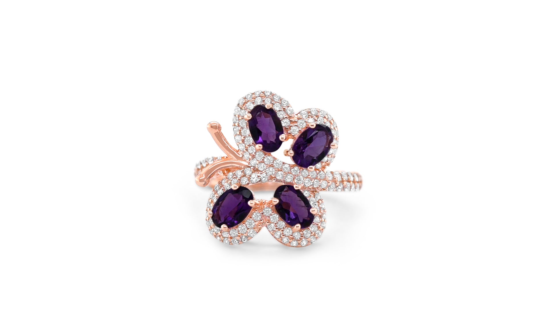 925 Sterling Silver Butterfly Amethyst Ring: 2.44ct, Oval Cut, 18K Rose Gold Plated (PJC3015R)