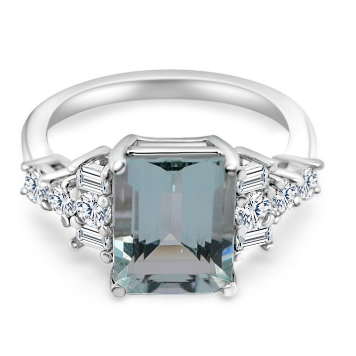 Emerald Cut Aquamarine Side Stone Engagement Ring in Sterling Silver
