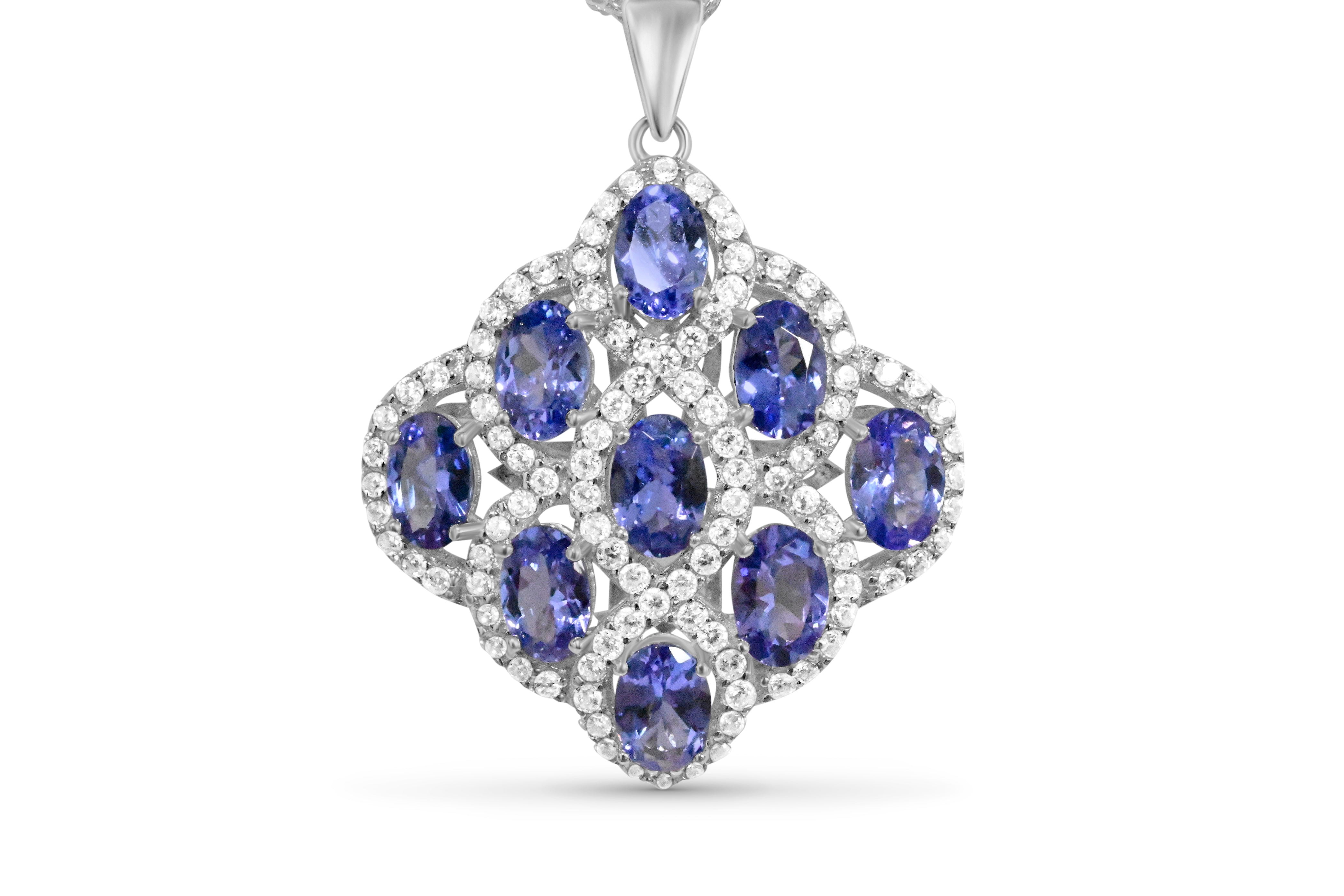 6x4 mm Oval Tanzanite Cluster Pendant (9 Stones) in Rhodium-Plated Sterling Silver (PJC3117P)