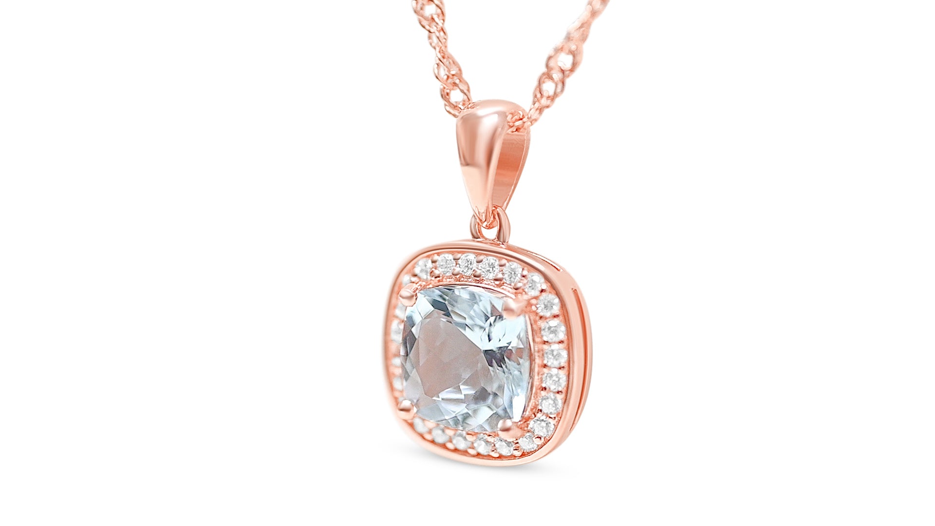 Aquamarine Halo Pendant with 1.86 Carats, 925 Sterling Silver with 18K Rose Gold Plating (PJC31597P)