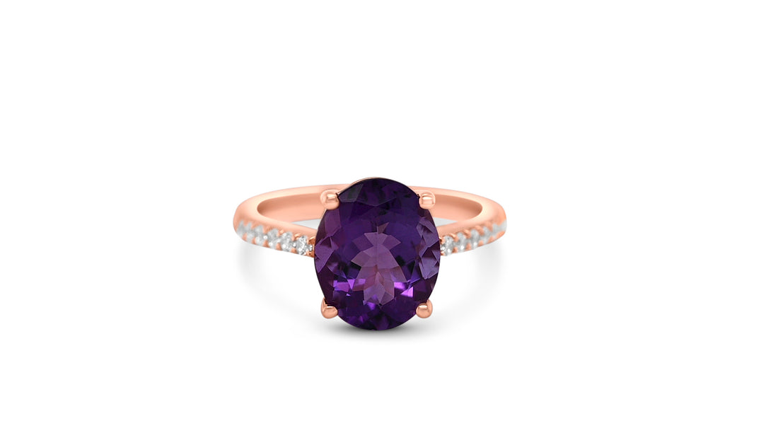 Oval Amethyst Halo Ring: A Stunning 11x9mm Gemstone with 18K Rose Gold Plating (PJC31649R)