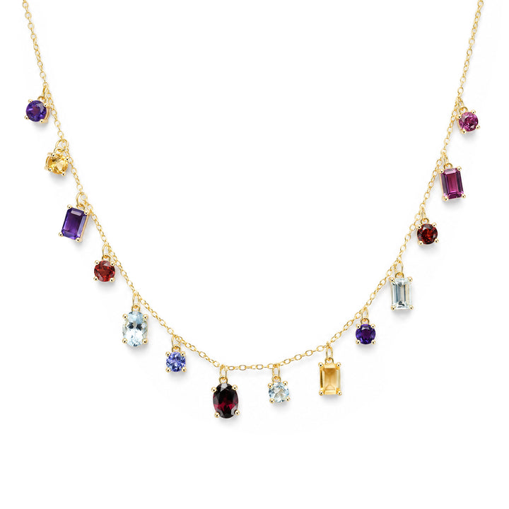 Natural Tanzanite & Multi-Gemstone Drop Necklace in 18K Yellow Gold Plated 925 Sterling Silver
