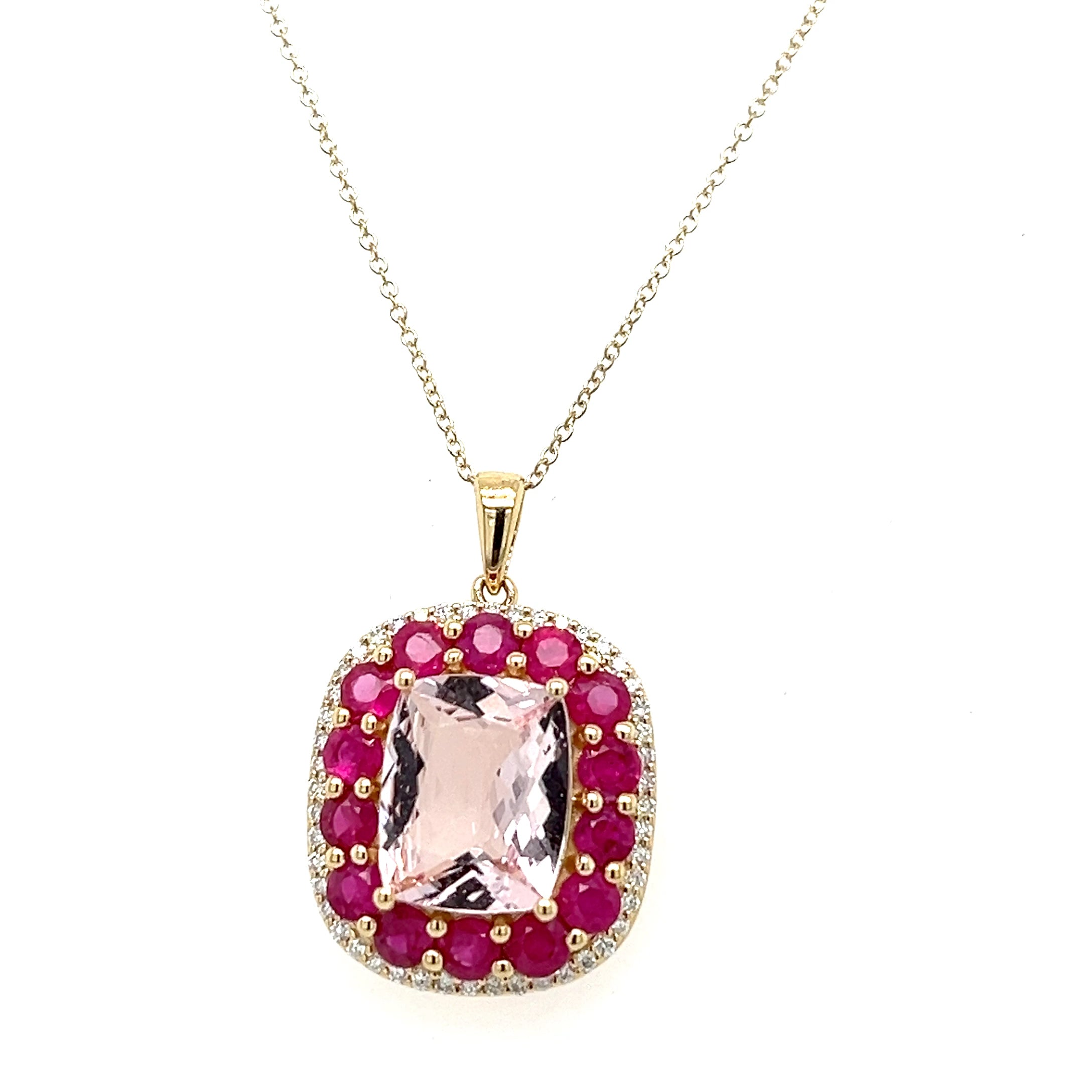 14K Yellow Gold Necklace with Cushion-Cut Aqua Stone – 3.2 Carats with Pink Morganite Plating (PJC34163P)