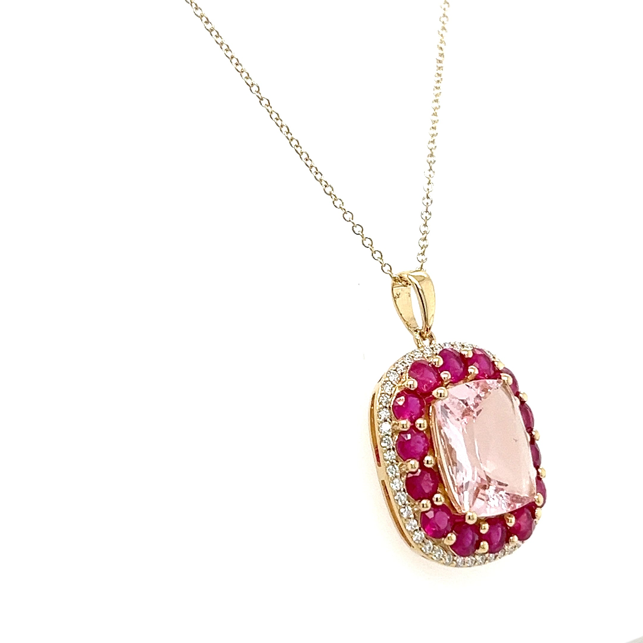 14K Yellow Gold Necklace with Cushion-Cut Aqua Stone – 3.2 Carats with Pink Morganite Plating (PJC34163P)