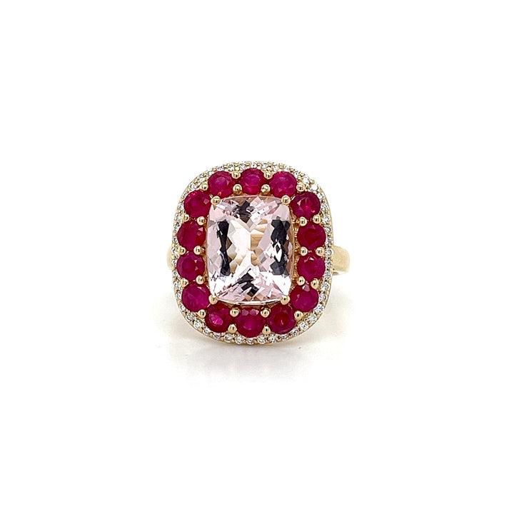 14K Yellow Gold Ring with 3.3 Carat Cushion-Cut Pink Morganite Gemstone (PJC34163R) - 14K Yellow Gold Ring with 3.3 Carat Cushion-Cut Pink Morganite Gemstone (PJC34163R)