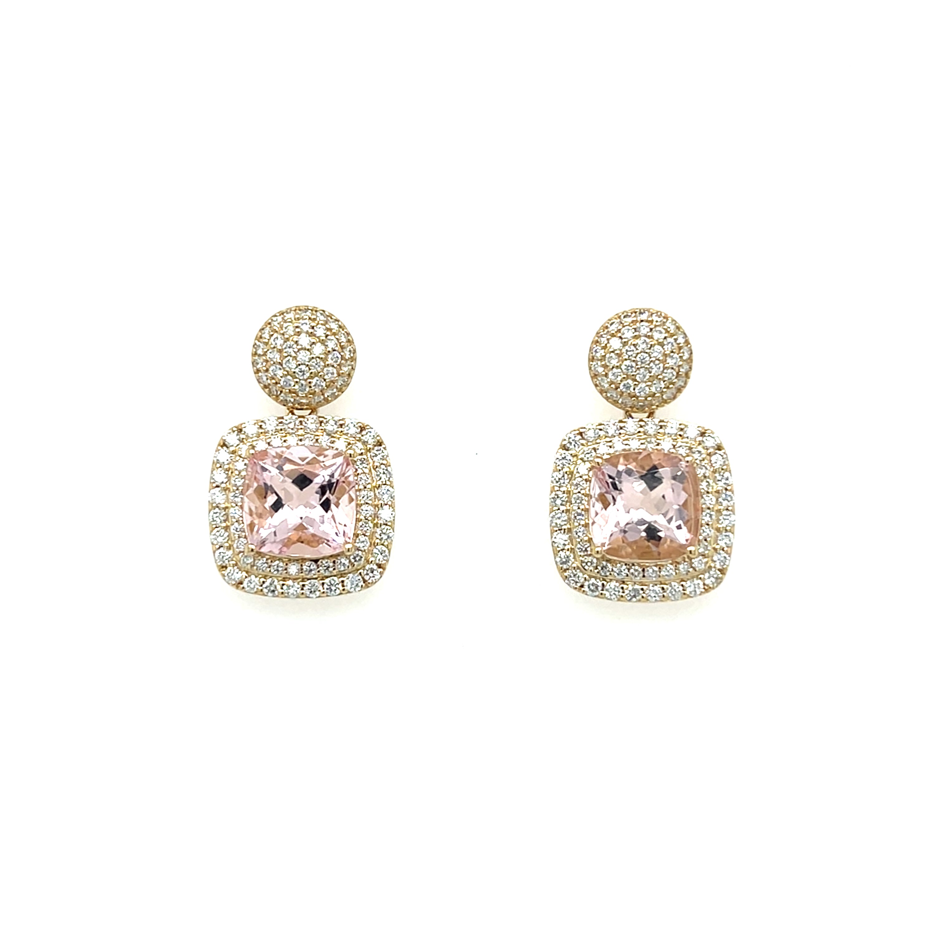 14K Yellow Gold Cushion-Cut Pink Morganite Earrings – 4.13 Carats of Radiant Glamour (PJC34164E)