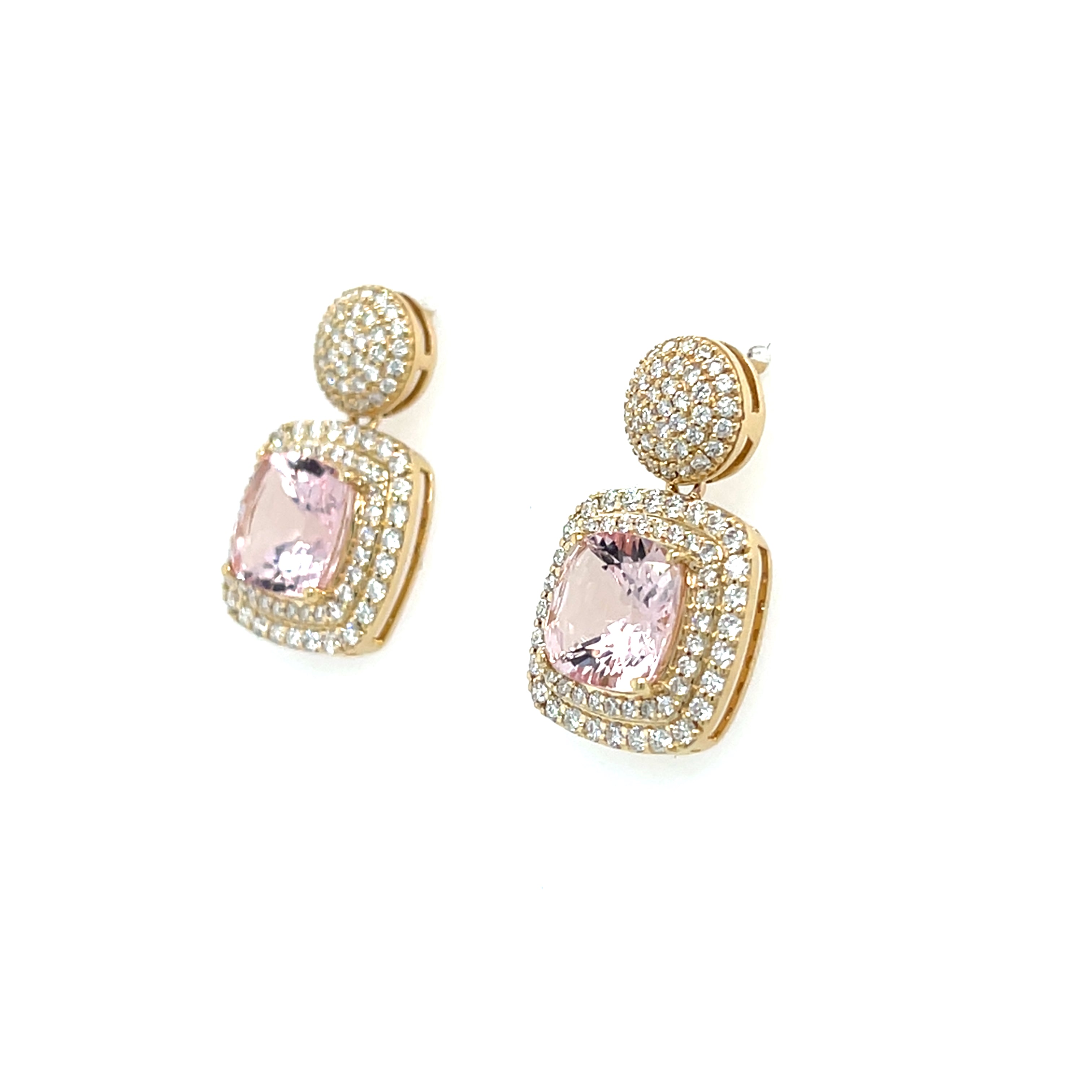 14K Yellow Gold Cushion-Cut Pink Morganite Earrings – 4.13 Carats of Radiant Glamour (PJC34164E)