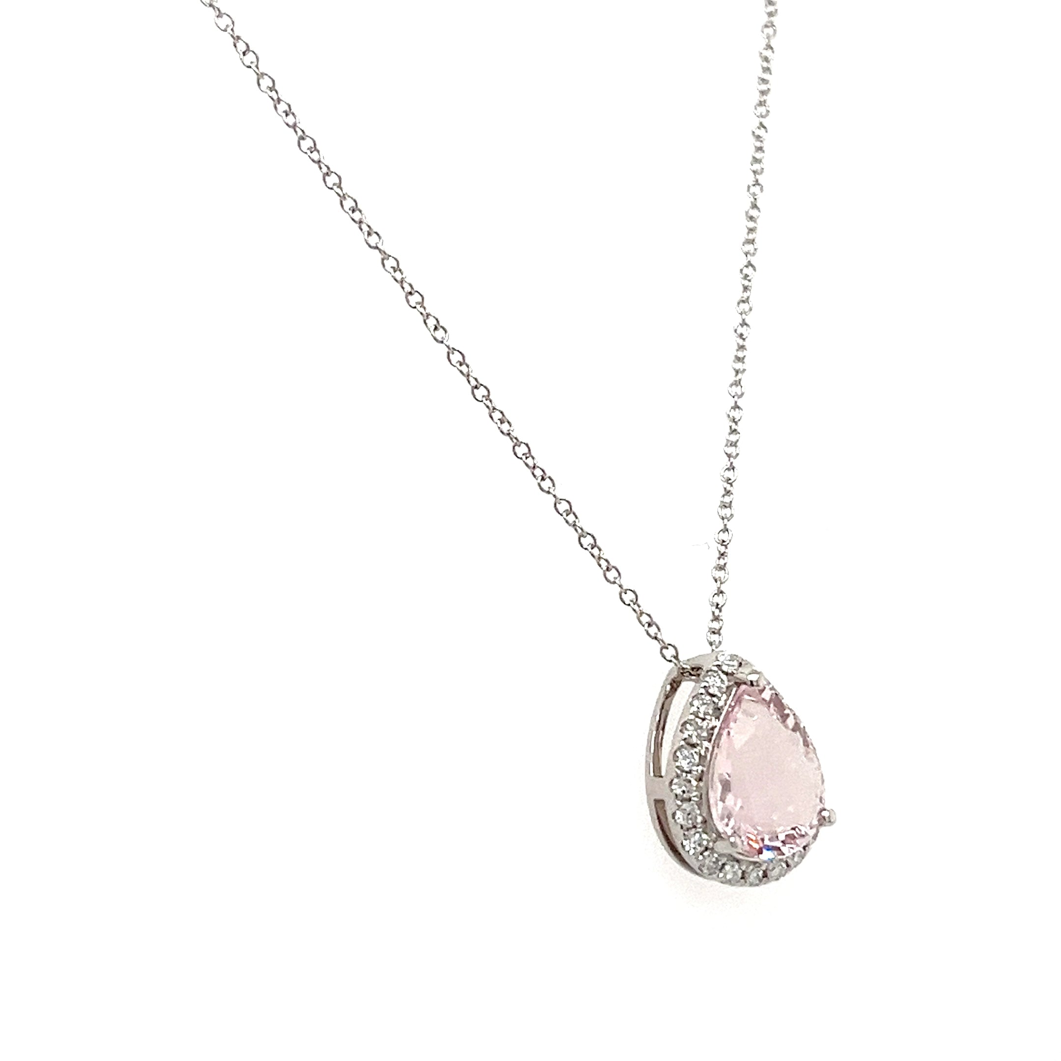 14K White Gold  Necklace with Pear-Cut Pink Morganite – 1.26 Carats, Rhodium Plated (PJC34173P)