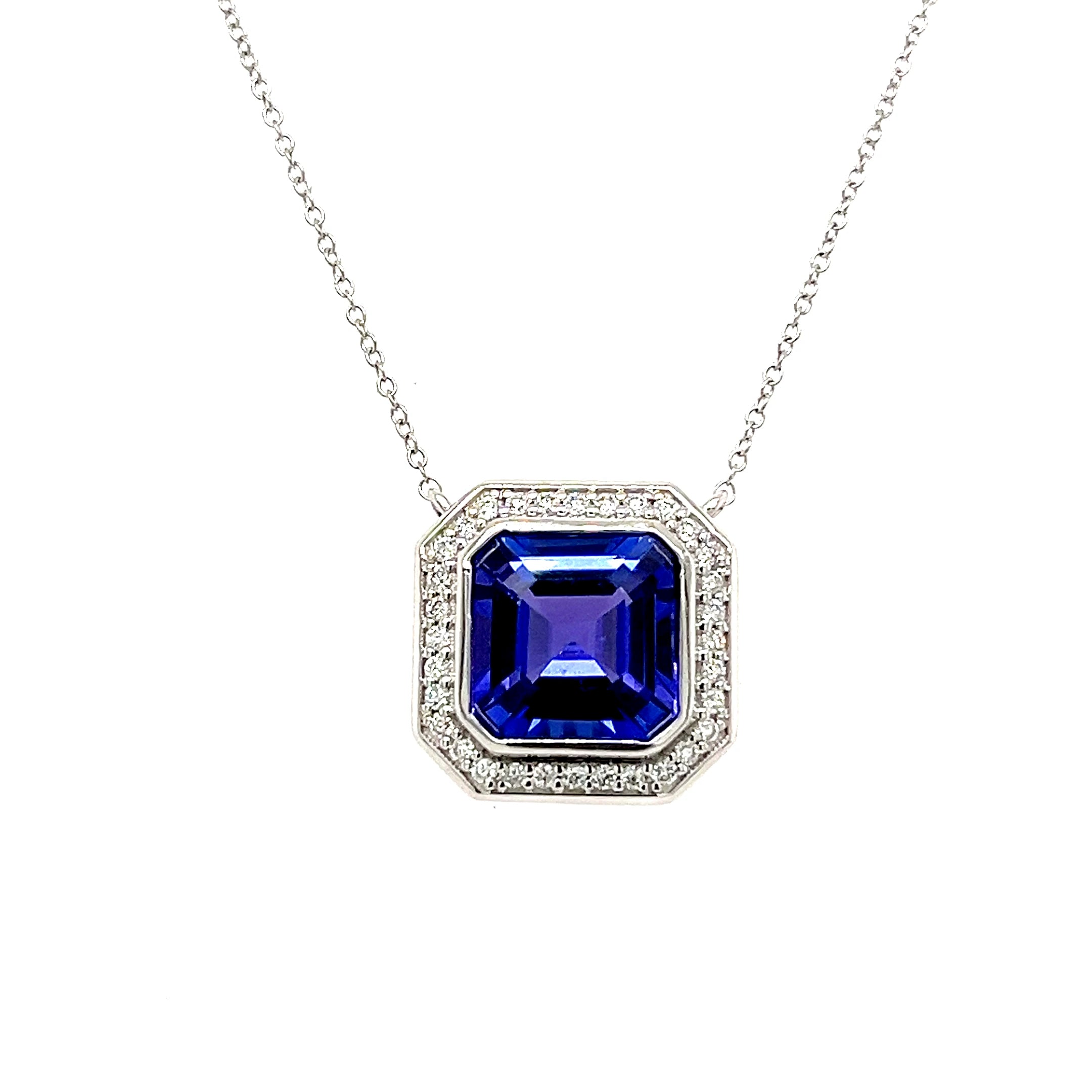 14K White Gold  Necklace with 3.31 Carat Octagon-Cut Tanzanite – Rhodium Plated (PJC34176P)