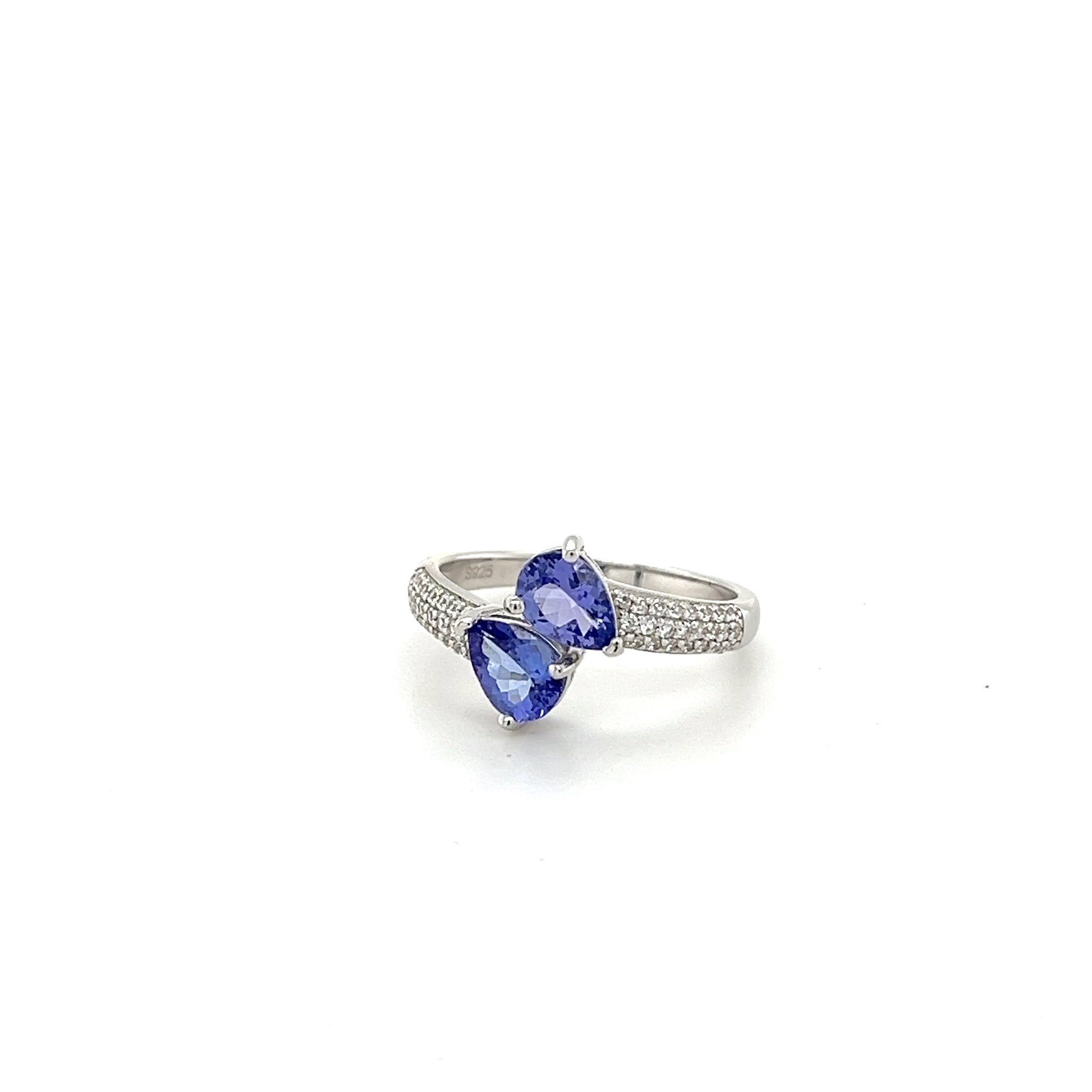 Sterling Silver Rhodium-Plated Tanzanite & White Zircon Ring – Pear & Round Cut, Size 7 