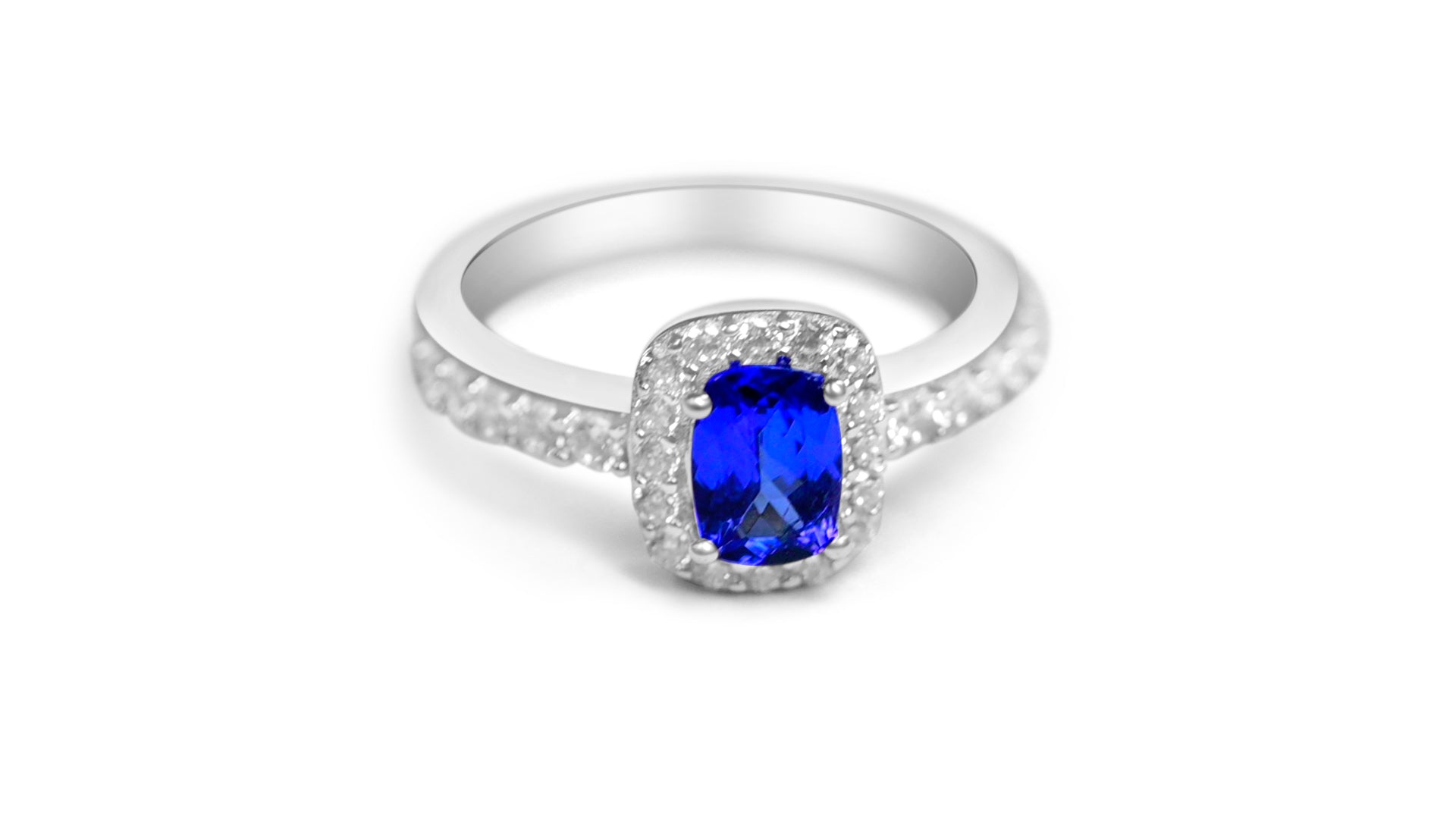 0.876 Carat Tanzanite Cushion Ring, Rhodium Plated Sterling Silver, Size 7 (PJC3467R)
