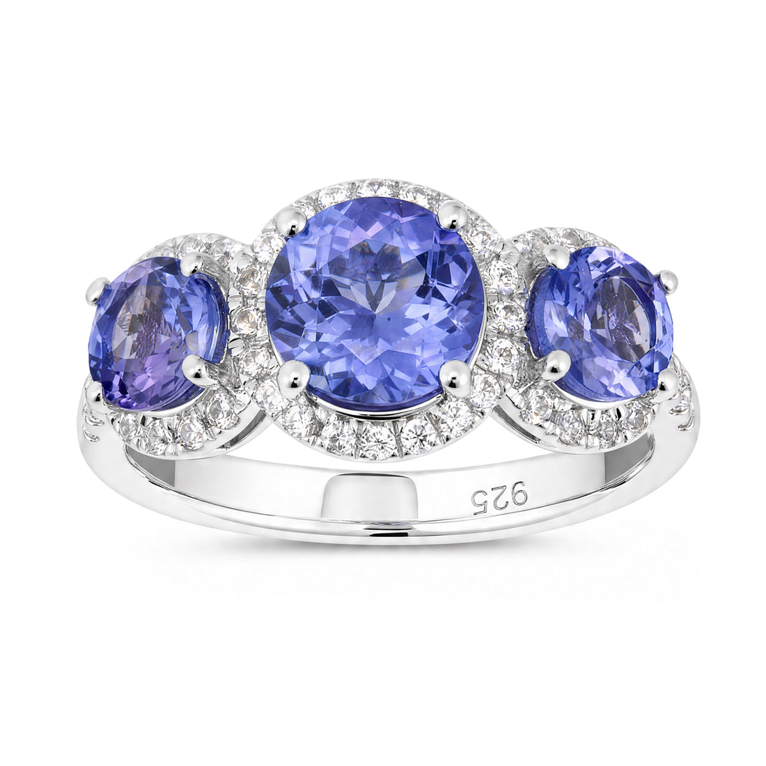 Natural Tanzanite Three-Stone Halo Trilogy Ring in Rhodium-Plated 925 Sterling Silver